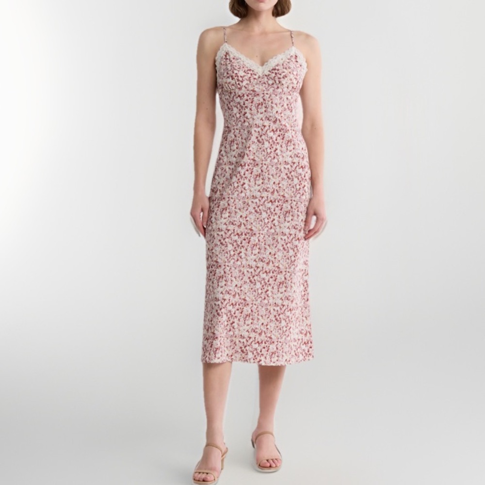 Lush Abstract Floral Midi Slip Dress NWT Lace Trim Maroon Mauve Size Large